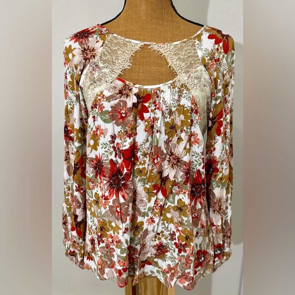 Women's Entro Floral Boho Peasant Top Lace Yoke Long Sleeve Small‎